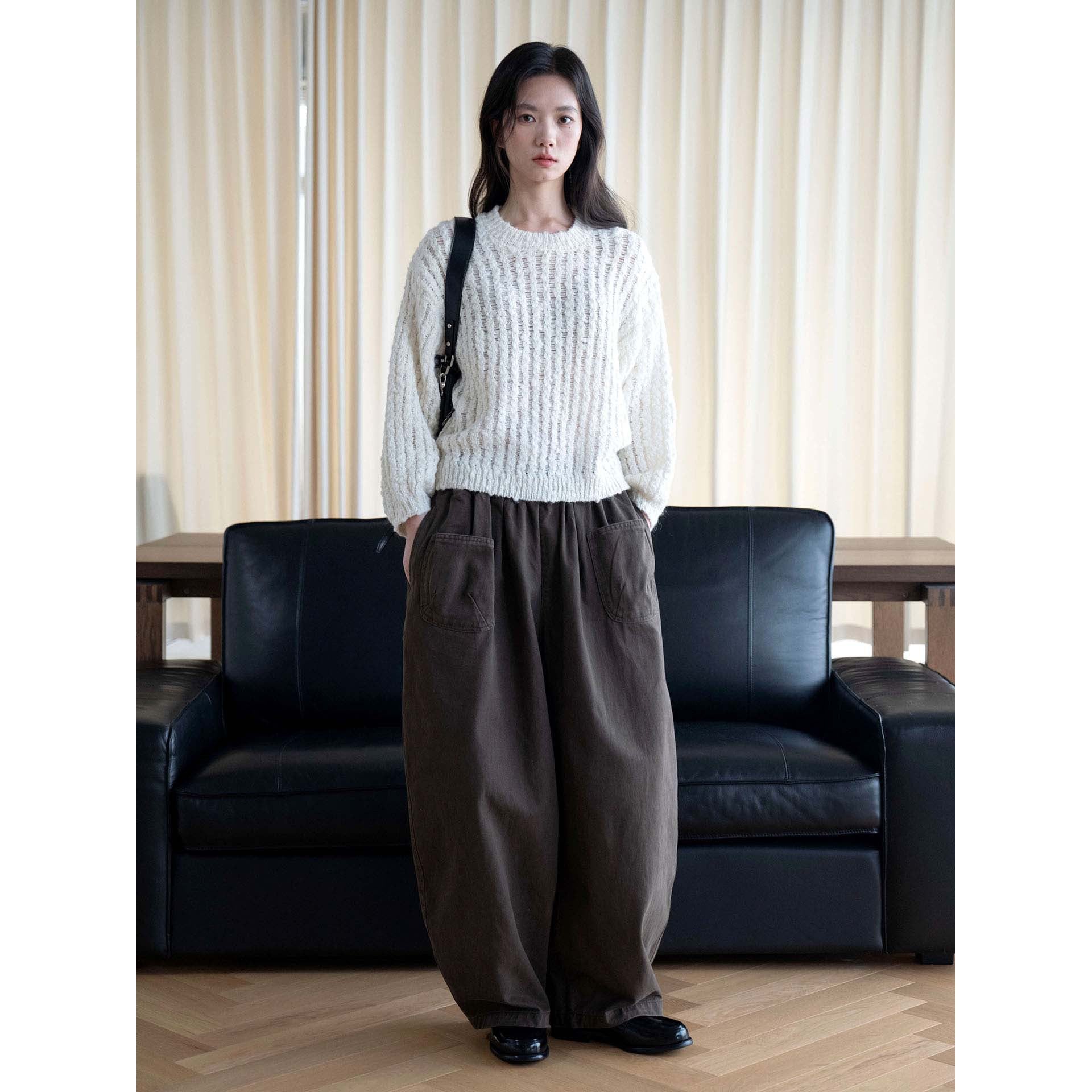 Women's Wide High-Waist Culotte Pants with Elastic Waistband and Applied Pockets Chichicherry