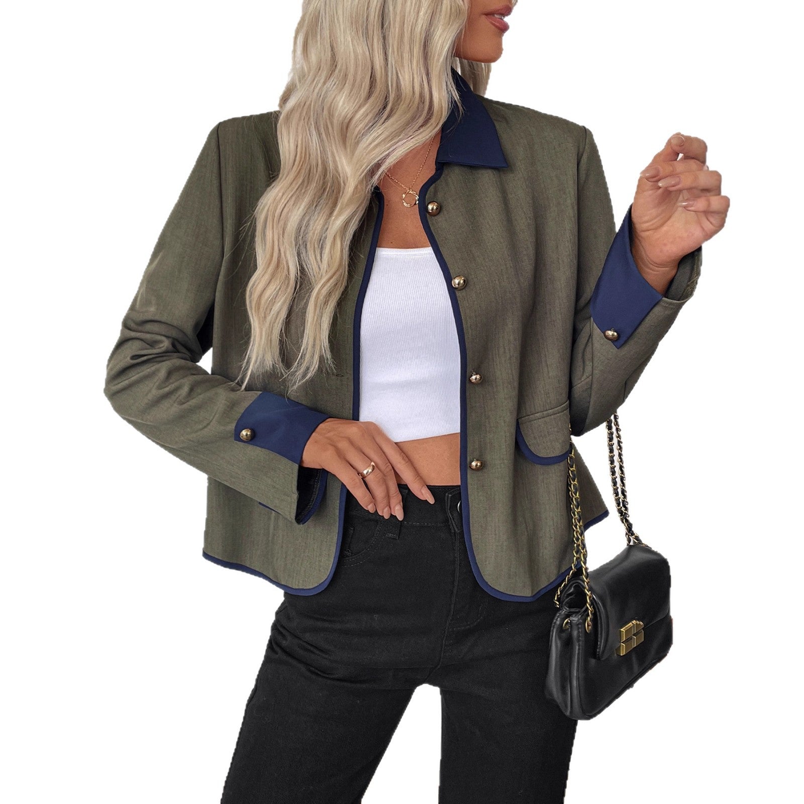 Ladies short blazer with contrasting piping, lapel collar and decorative buttons Chichicherry