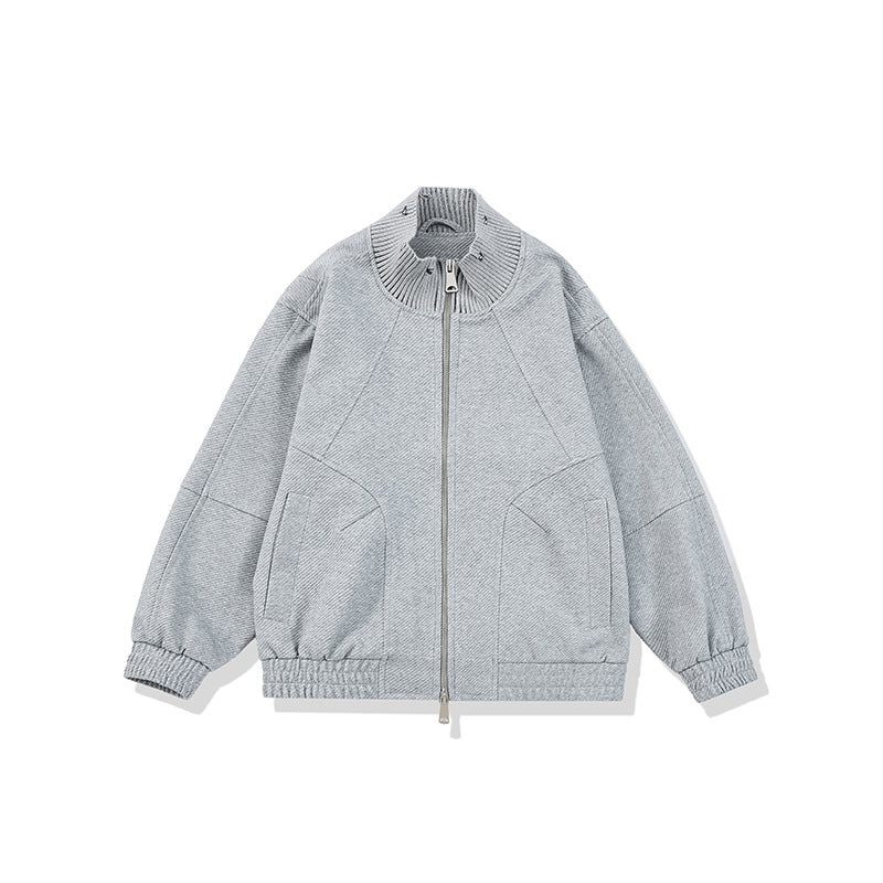 Unisex Boxy Knit Mix Transition Jacket with High Ribbed Collar and Elastic Hem Chichicherry