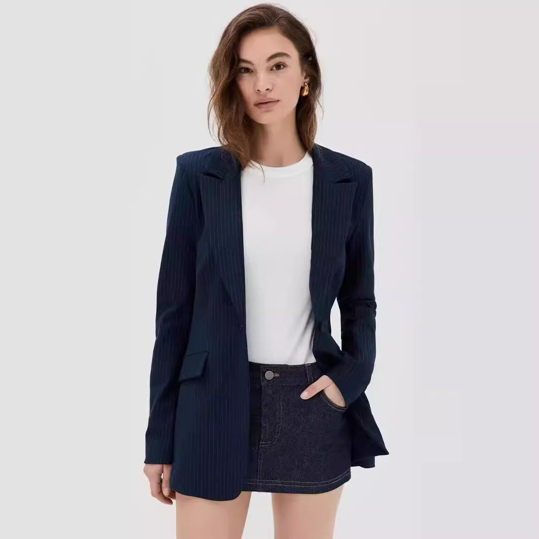 Women's mini blazer dress in pinstripe tailoring with deep shawl collar Chichicherry