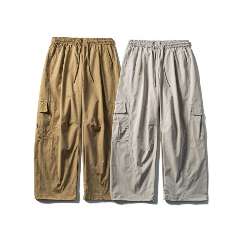 Men's Loose Cargo Pants with Elastic Waistband, Drawstring and Functional Side Pockets Chichicherry