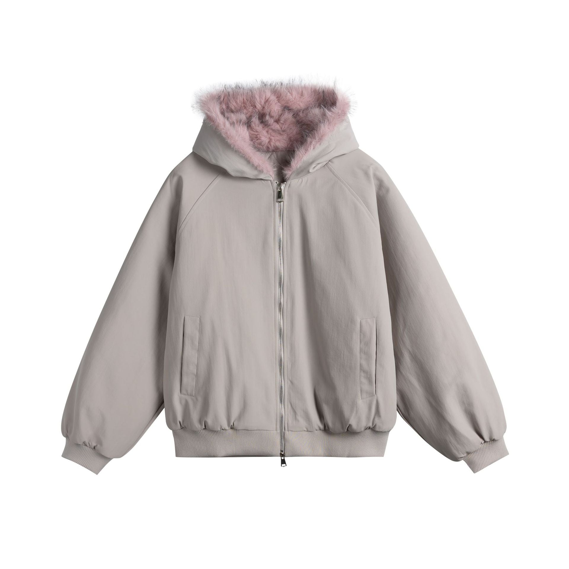 Women Oversized Bomber Jacket with Faux Fur Lined Hood and Raglan Sleeves Chichicherry