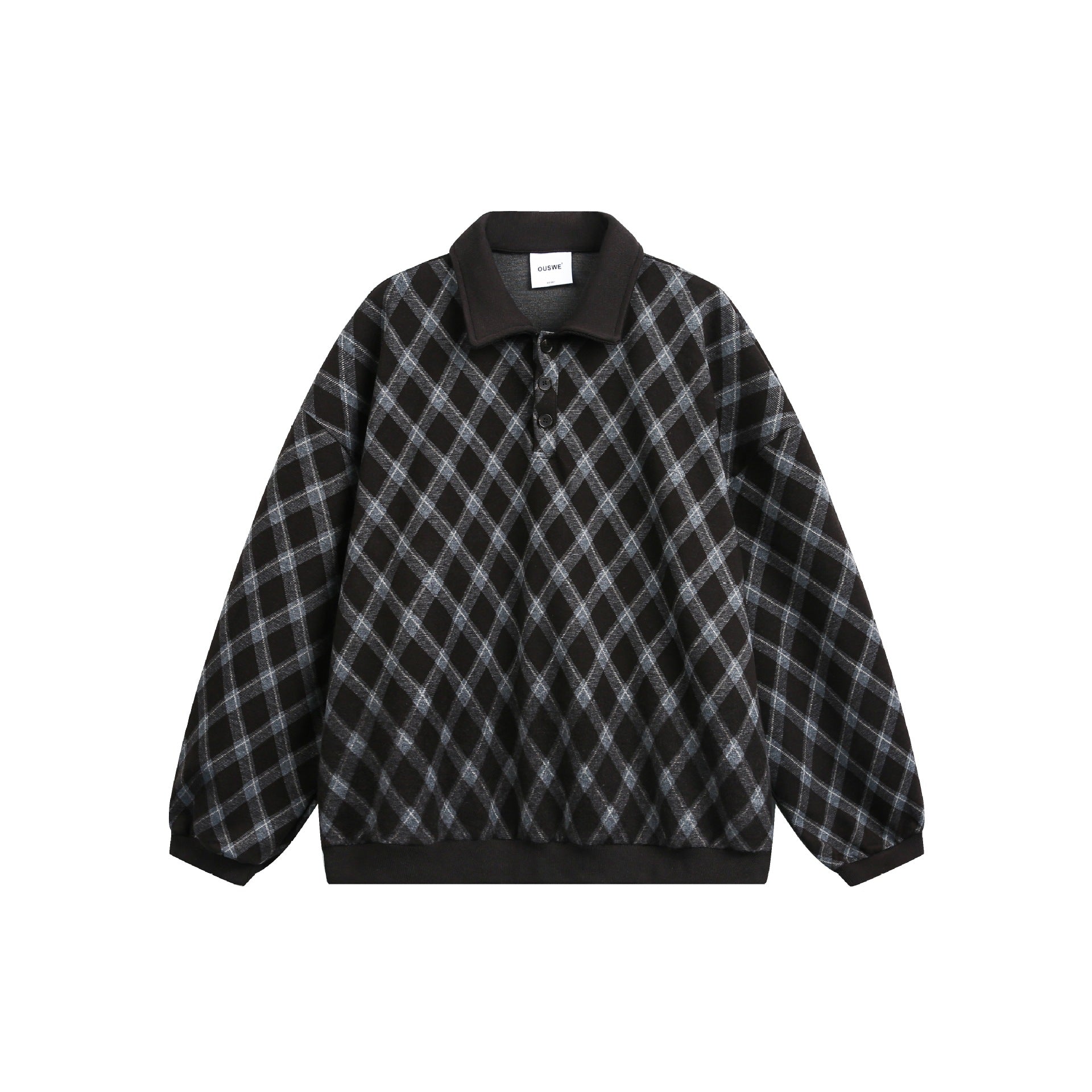 Women Checked Oversize Polo Sweater with Half Button Placket and Ribbed Cuffs Chichicherry