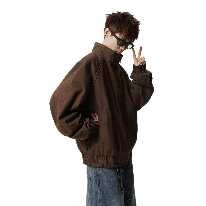 Unisex Oversized Windbreaker with Stand-up Collar and Raglan Sleeves Chichicherry