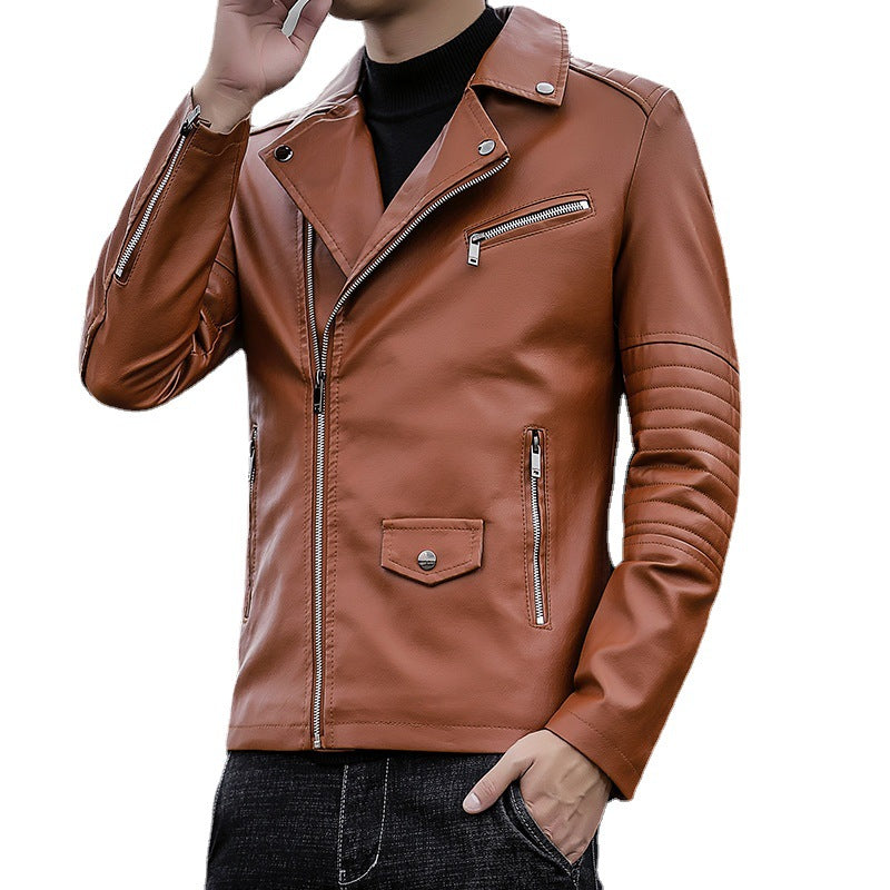 Men's slim fit faux leather moto jacket with quilted shoulder and sleeve detail Chichicherry