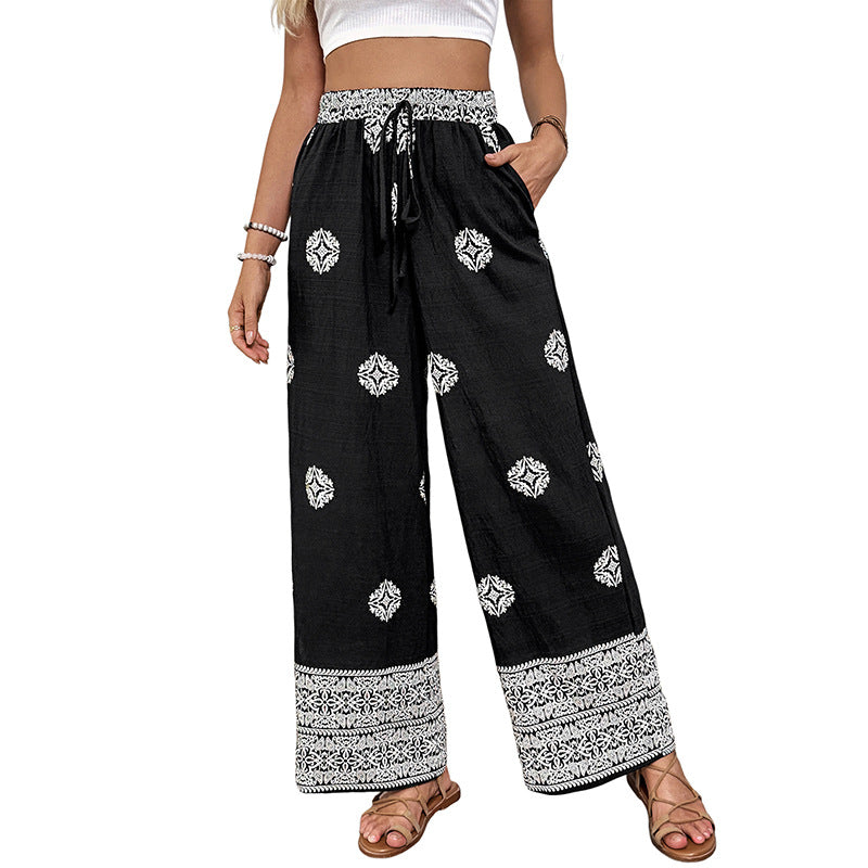 Women's Boho Print Palazzo Pants with Wide Leg, Elastic Drawstring Waistband and Side Pockets Chichicherry