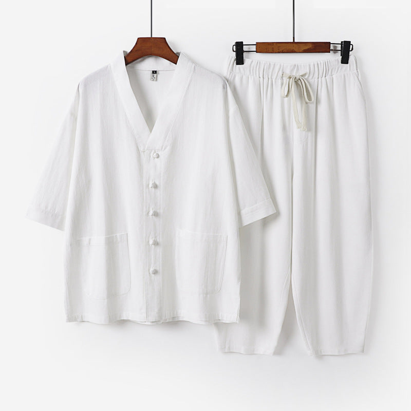 Unisex Lightweight Kimono Lounge Set made of Cotton-Linen with Short Sleeve Jacket and Drawstring Pants Chichicherry