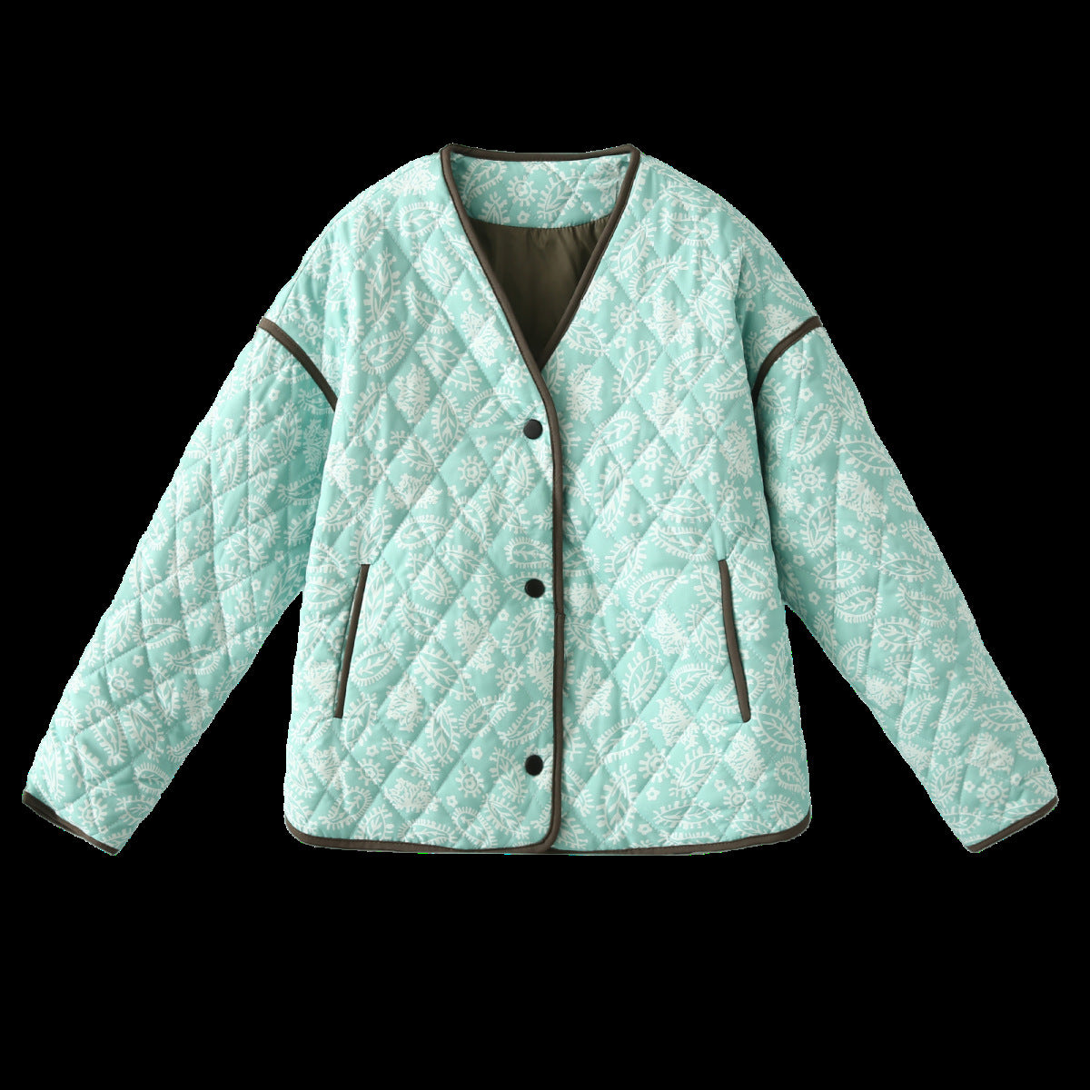 Women's quilted jacket with paisley pattern, V-neck and contrasting piping Chichicherry