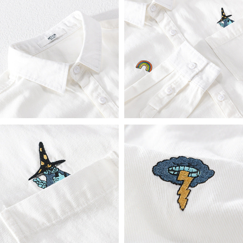 Men's Embroidered Lightweight Cotton Overshirt with Chest Pocket and Subtle Patch Embroidery Chichicherry
