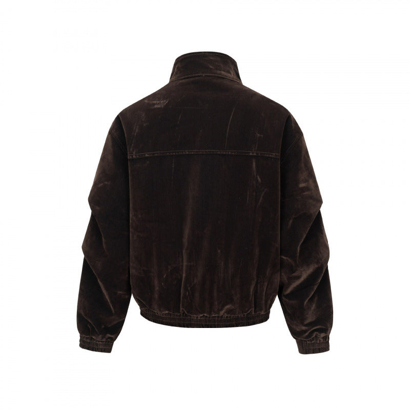 Men's velvet bomber jacket with stand collar, concealed snap button placket, and elastic hem Chichicherry