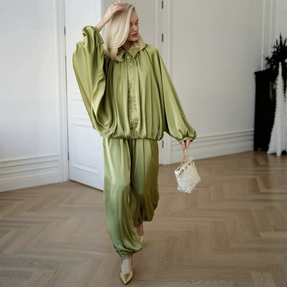 Women Elegant Satin Two-Piece Set with Oversize Blouse and Wide Palazzo Pants Chichicherry