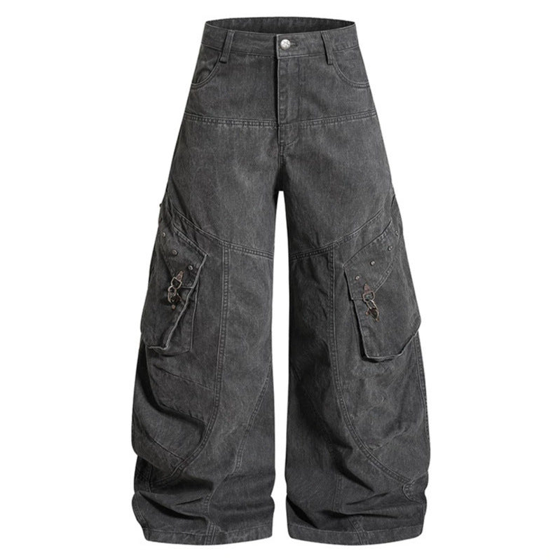 Women Wide High-Waist Cargo Culotte Jeans Pants with Flap Pockets and Vintage Wash Chichicherry