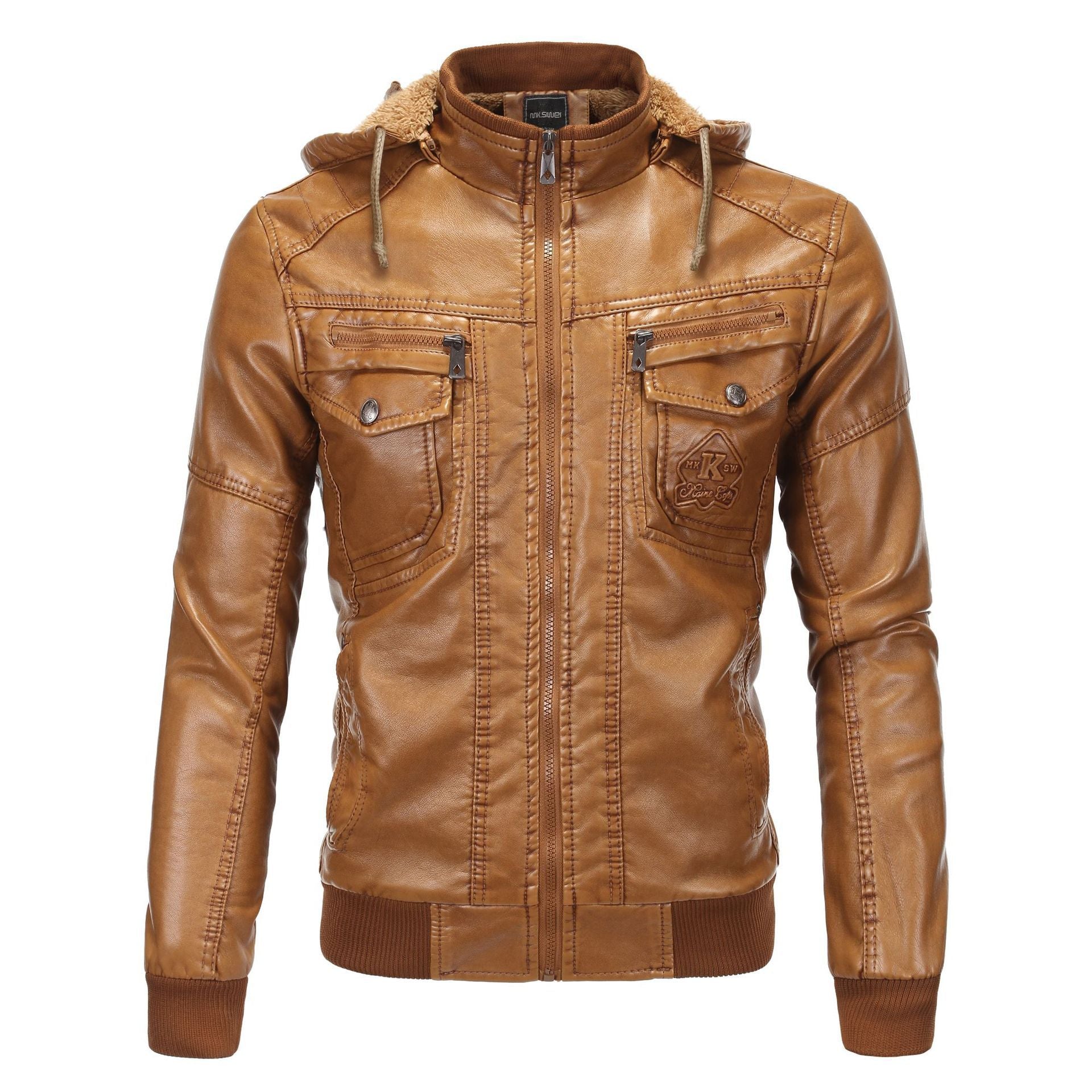 Men's vintage-inspired faux leather bomber jacket with teddy lining, stand collar, and chest pockets Chichicherry