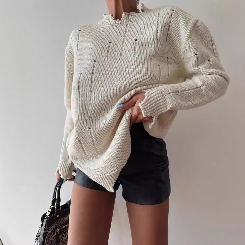 Damen Oversized Grobstrickpullover mit Distressed-Details und geripptem Saum Chichicherry