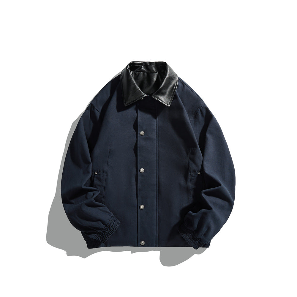 Men's Masculine Boxy Field Blouson with contrasting faux leather collar and concealed snap button placket Chichicherry