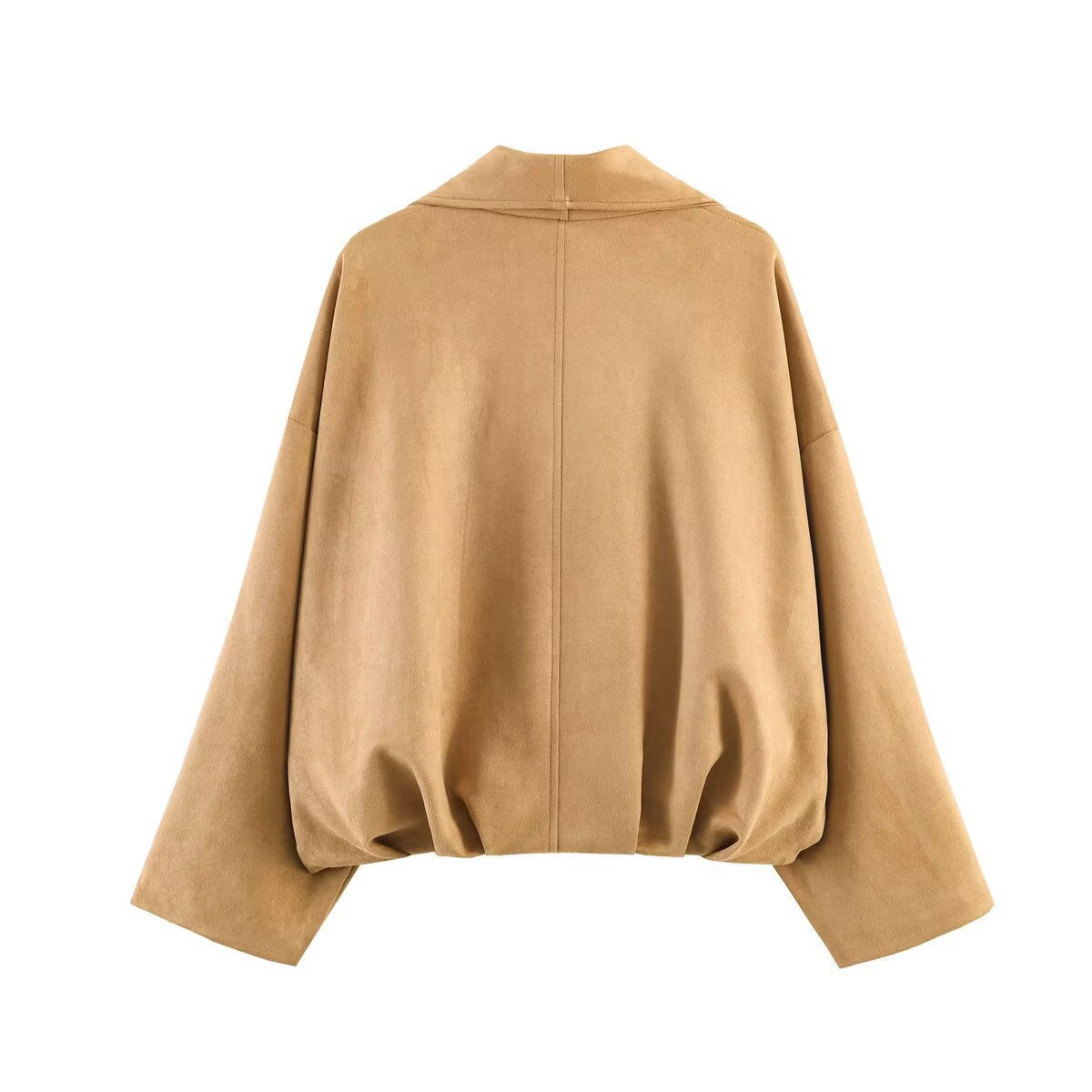 Women's Short Oversized Jacket made of Suede Fabric with Wide Shawl Collar, Raglan Sleeves, and Gathered Hem Chichicherry