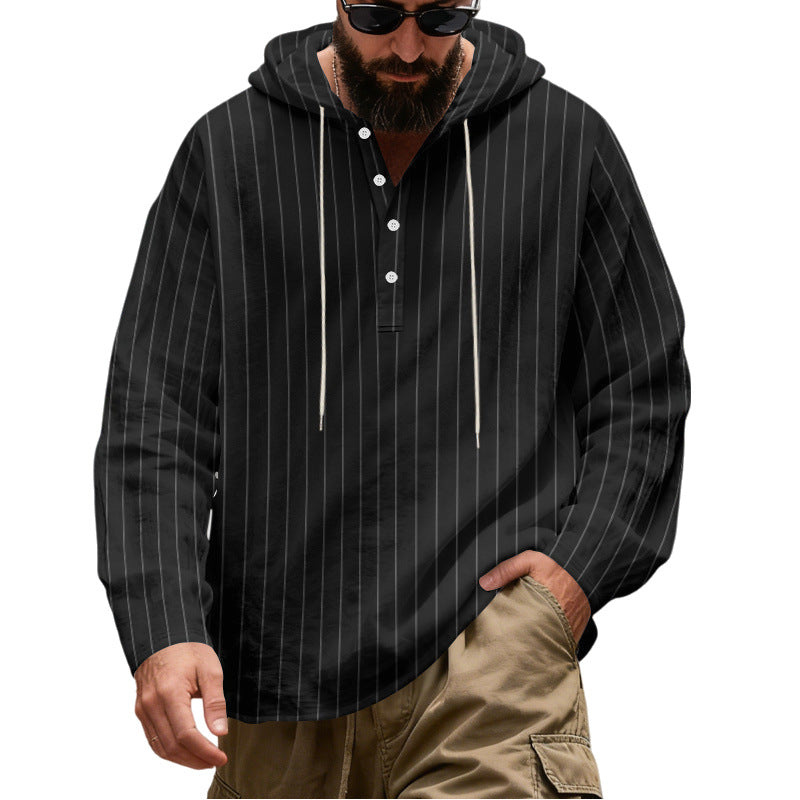 Men's Casual Hoodie Henley Shirt with Fine Pinstripes and Button Placket Chichicherry