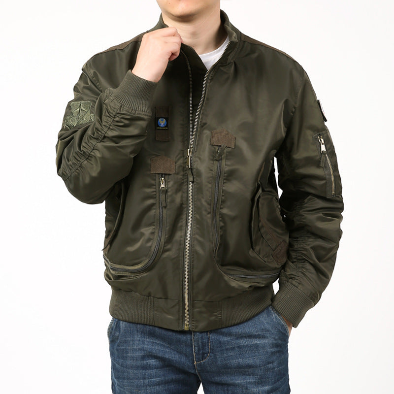 Men's Nylon Bomber Jacket Pilot Style with Multiple Pockets, Sleeve Utility Pocket and Ribbed Cuffs Chichicherry