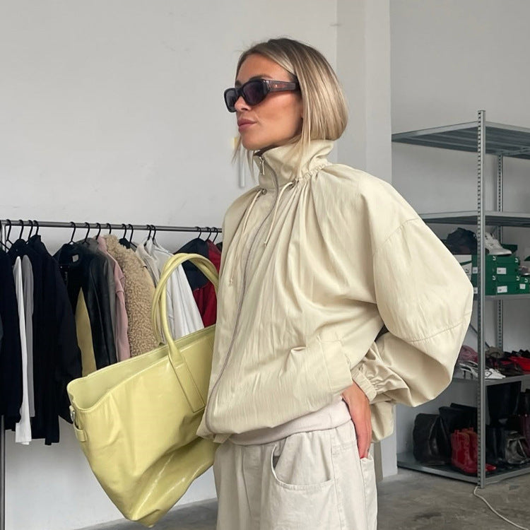 Women's Oversize Windbreaker with high stand-up collar, drawstring shoulder yoke, and balloon sleeves Chichicherry