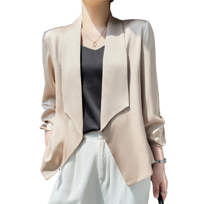 Women's Shawl Collar Blazer with Satin Trim, Open Front and Casual Short Style Chichicherry
