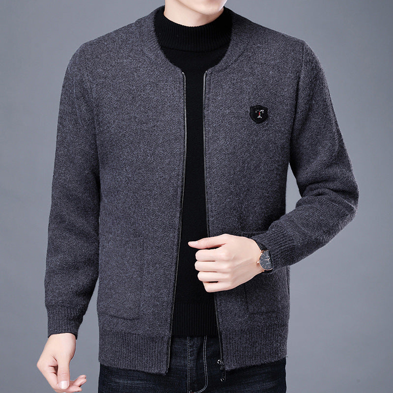 Men's fine-knit cardigan with full zip, chest emblem, and patch pockets Chichicherry