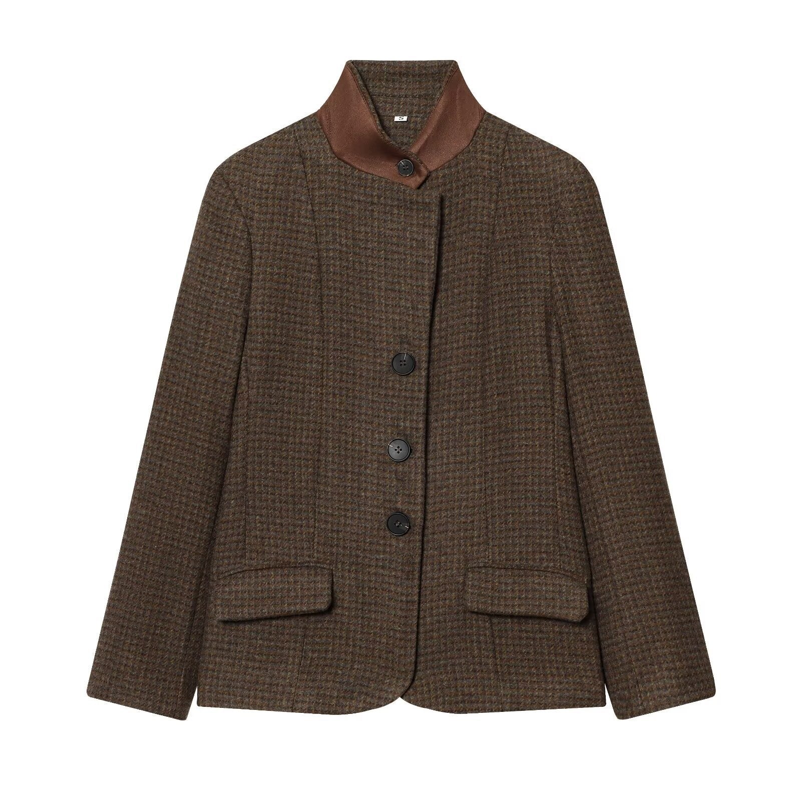 Women Short Tweed Blazer with Standing Collar, Button Placket and Flap Pockets Chichicherry