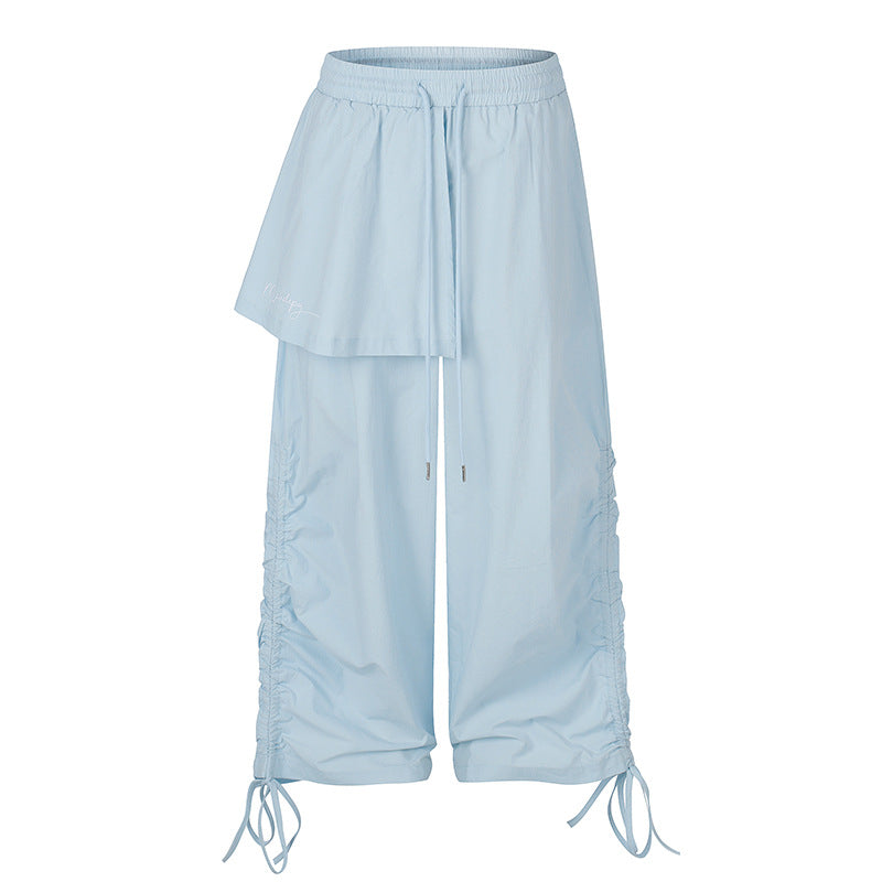 Women Wide Capri Pants with Drawstring, Side Gather and Asymmetrical Overlay Chichicherry