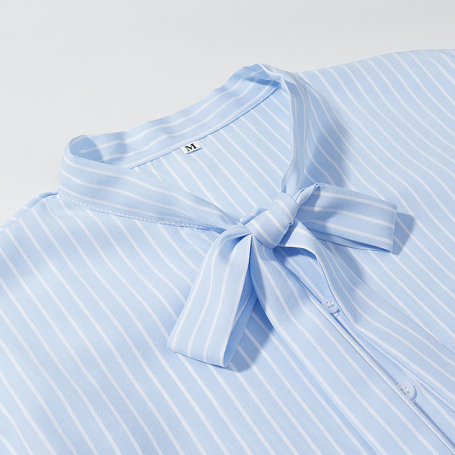 Women Striped Blouse with Bow Collar and Full Button Placket Chichicherry