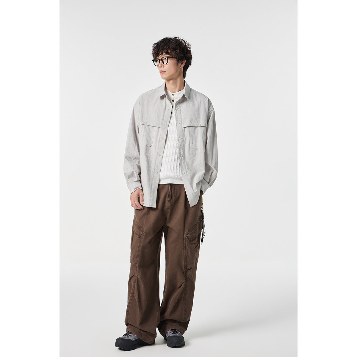 Unisex Oversized Shirt Jacket in Utility Style with Snap Button Placket Chichicherry
