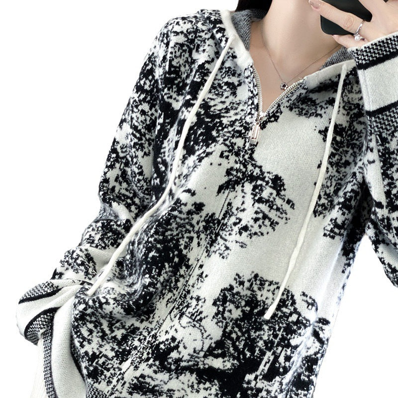 Women Oversize Jacquard Knit Jacket with Hood and Zipper Chichicherry