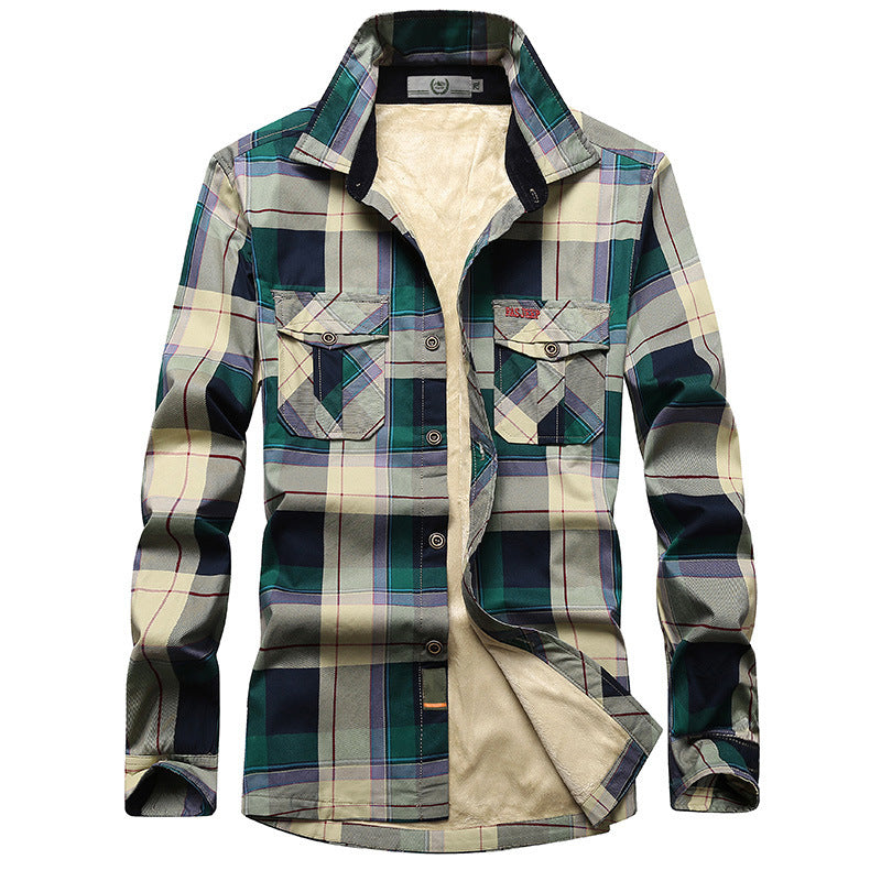 Men's Checked Thermal Shirt Jacket with Teddy Fleece Lining and Chest Flap Pockets Chichicherry