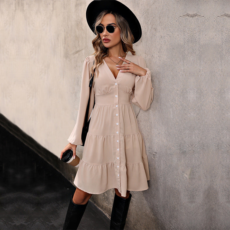 Women's Playful Tiered Dress with V-Neck, Continuous Button Placket, and Fitted Insert Chichicherry