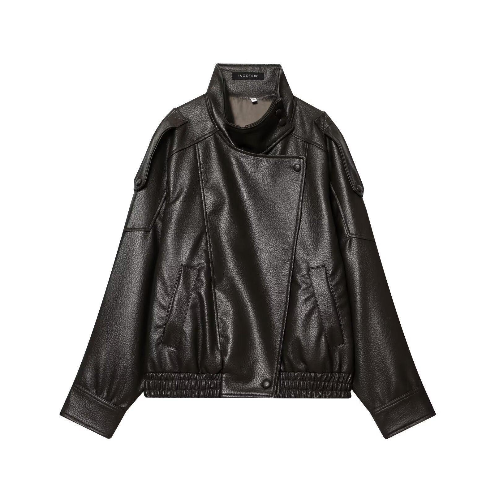 Ladies short-cut faux leather pilot jacket with high stand-up collar and shoulder straps Chichicherry
