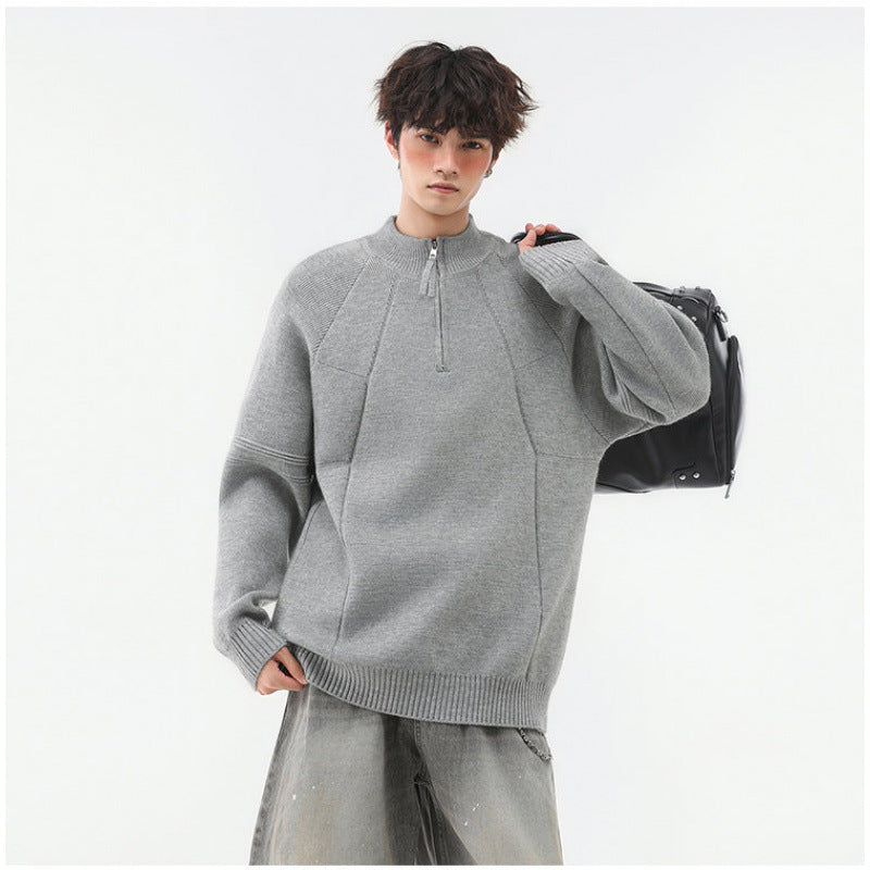 Herren Strick-Halbzip-Pullover mit Stehkragen und strukturierten Rippdetails Chichicherry