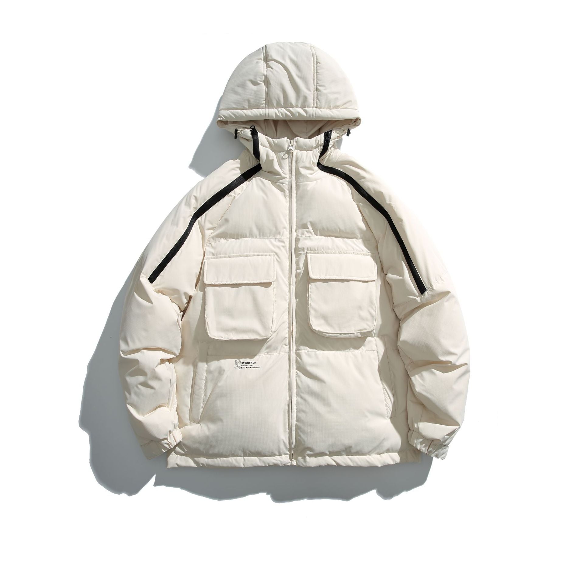 Unisex Short Cut Boxy Puffer with Hood, Contrast Stripes and Large Flap Pockets Chichicherry