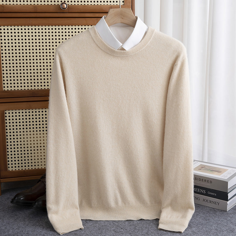 Men's Simple Round Neck Fine Knit Sweater Cashmere-like Feel with Ribbed Trims Chichicherry