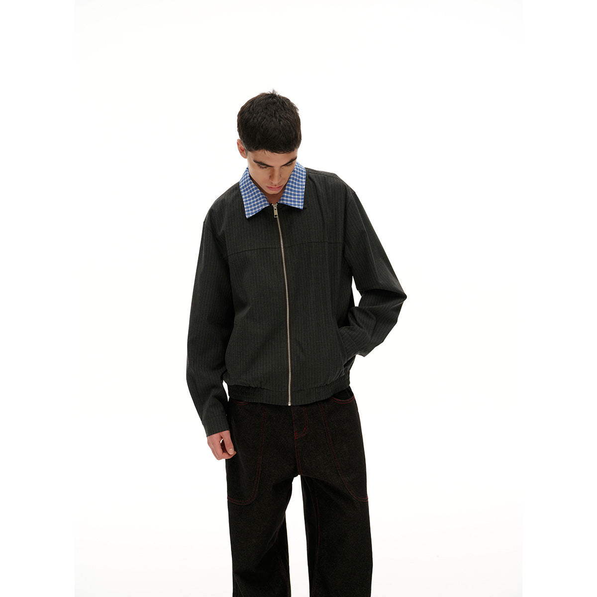 Unisex Short Cut Pinstripe Blouson Jacket with Contrasting Shirt Collar and Full Zipper Chichicherry