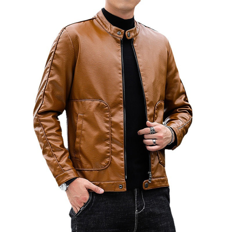 Men's Faux Leather Blouson with Stand Collar, Zipper and Patch Pockets Chichicherry