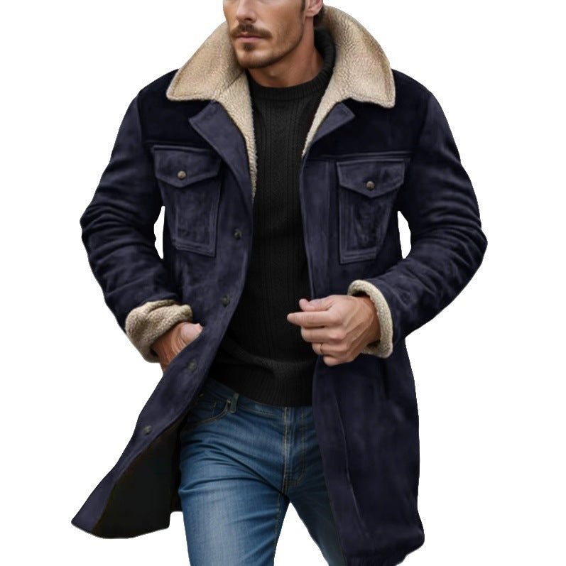 Men's Long Suede Coat with Teddy Lining and Flap Pockets Chichicherry
