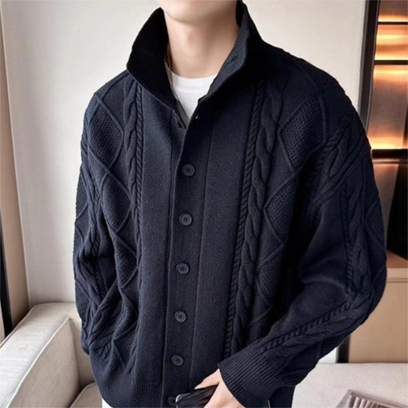 Herren Lockere Strick-Cardigan mit hohem Stehkragen und Zopfmuster Chichicherry