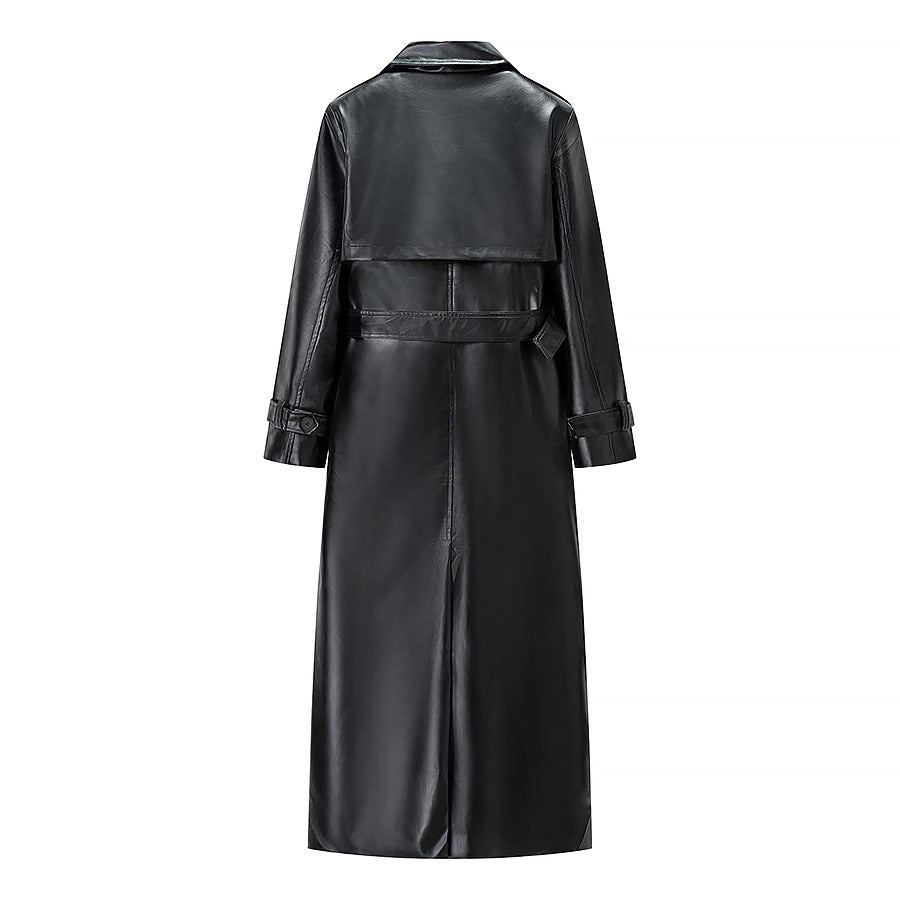 Women Longer Trench Coat in Leather Look with Tie Belt and Epaulettes Chichicherry