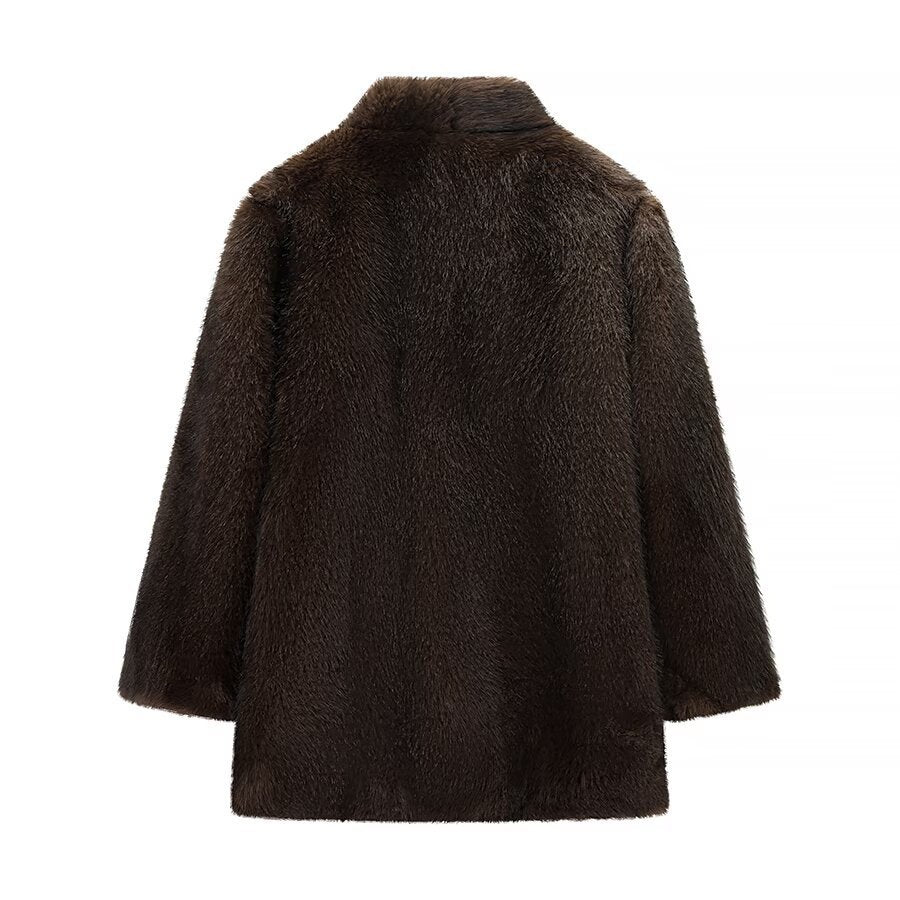 Women's Short Cut Faux Fur Coat with Shawl Collar and Straight Cut Chichicherry