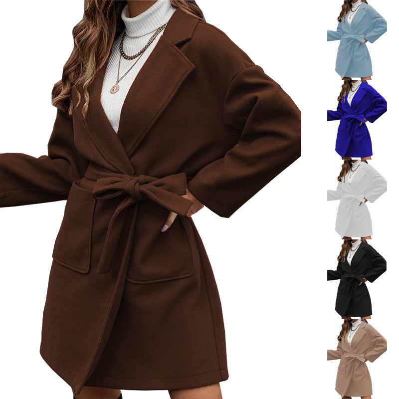 Ladies wrap coat with tie belt, large flap pocket and lapel collar Chichicherry