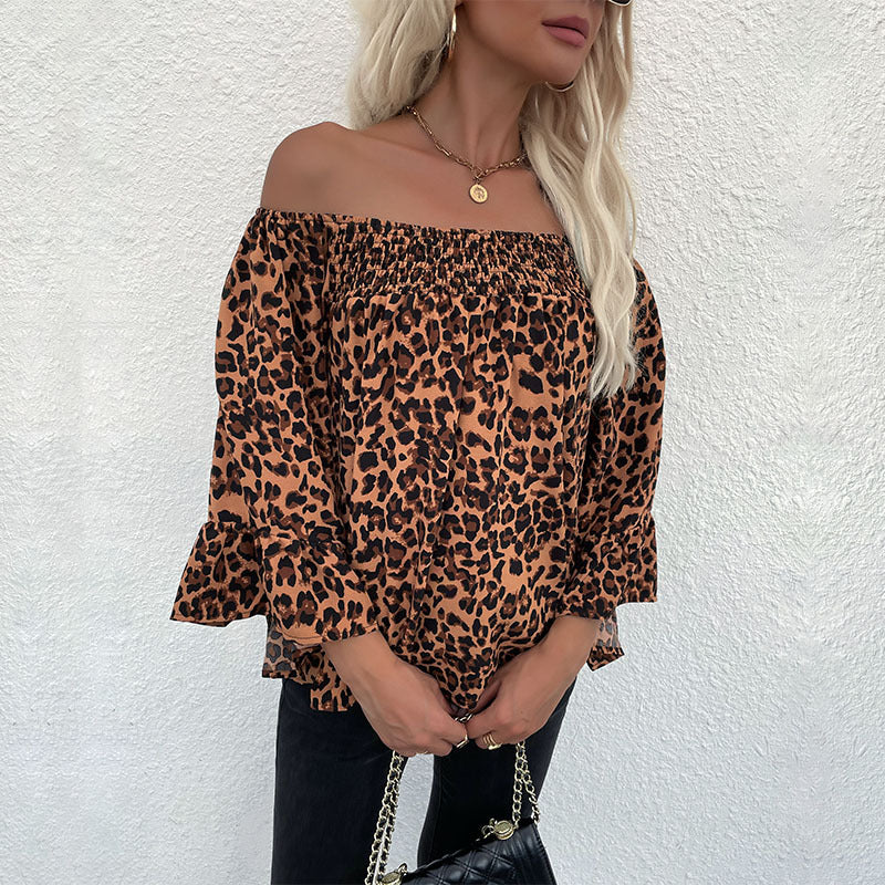 Women's Carmen blouse with smocked cuffs, off-the-shoulder neckline, and leopard print Chichicherry