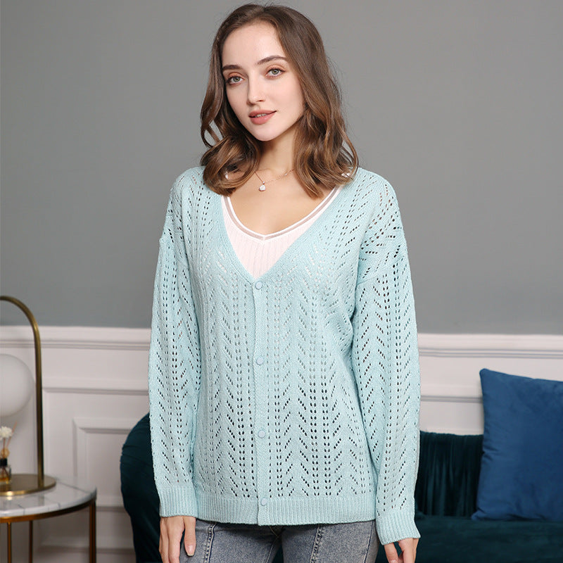 Women's Lightweight Lace Knit Cardigan with Deep V-Neck and Button Placket Chichicherry