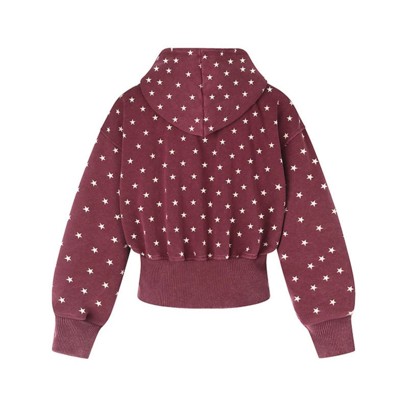 Women Short Hooded Sweat Jacket with Full Zip, Polka Dot Allover and Wide Ribbed Cuff Chichicherry