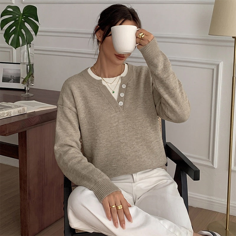 Women Lightweight Henley Knit Sweater with Button Placket, Ribbed Cuffs and Relaxed Fit Chichicherry