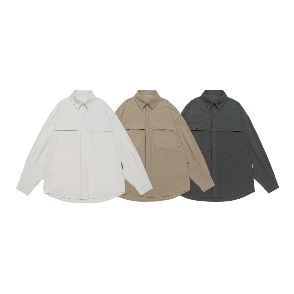 Unisex Oversized Shirt Jacket in Utility Style with Snap Button Placket Chichicherry