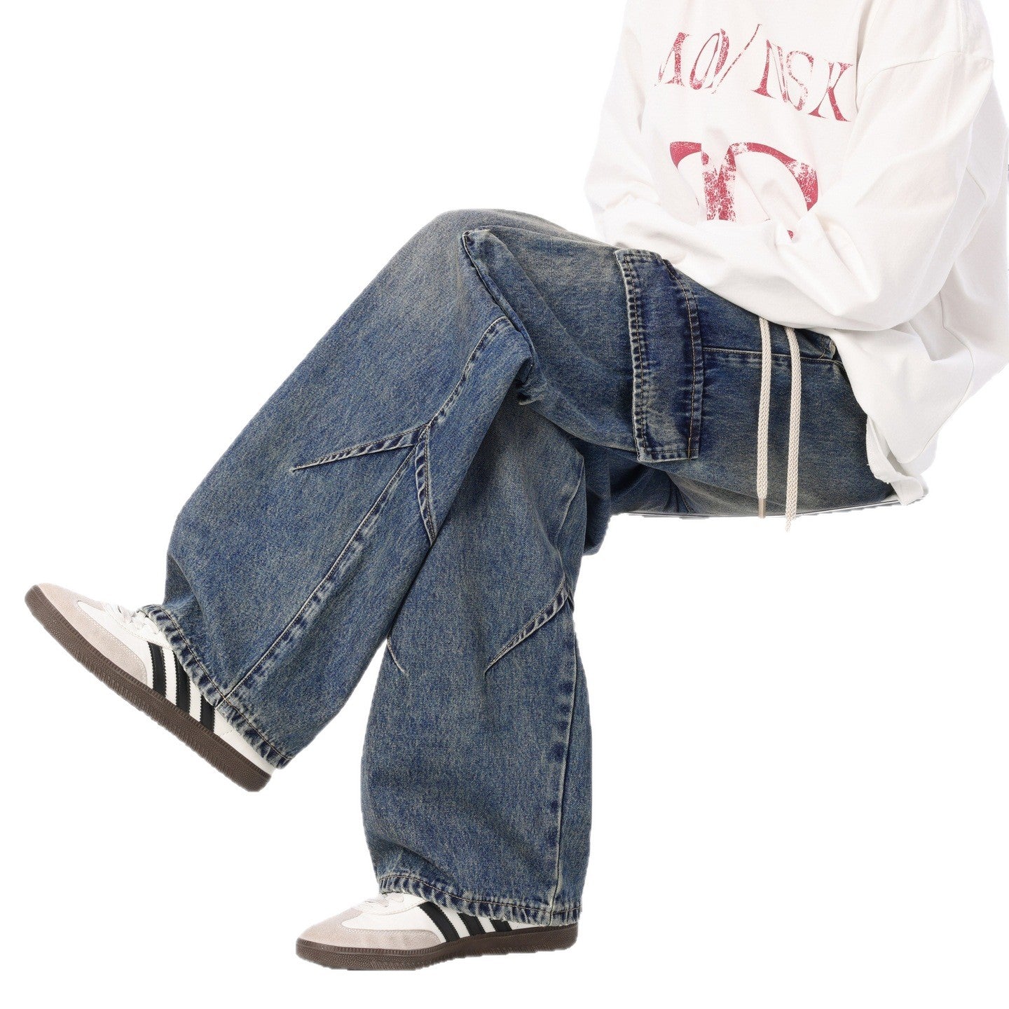Men's Loose Cargo Denim Pants with Drawstring, Used Wash and Oversized Fit Chichicherry