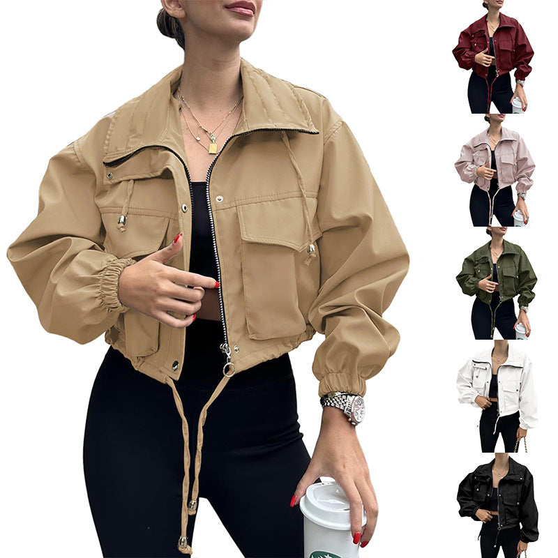 Women's short utility jacket with drawstring, zipper and patch pockets Chichicherry